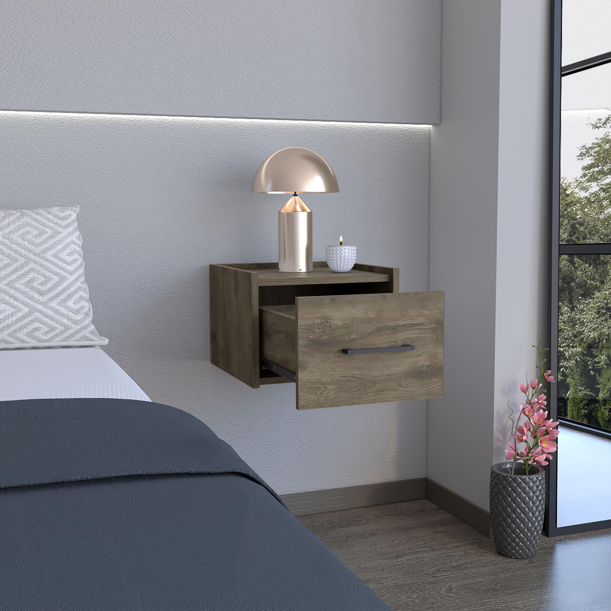 Depot E-Shop Yorktown Floating Nightstand, Space-Saving Design With Handy Drawer And Surface, Dark Brown
